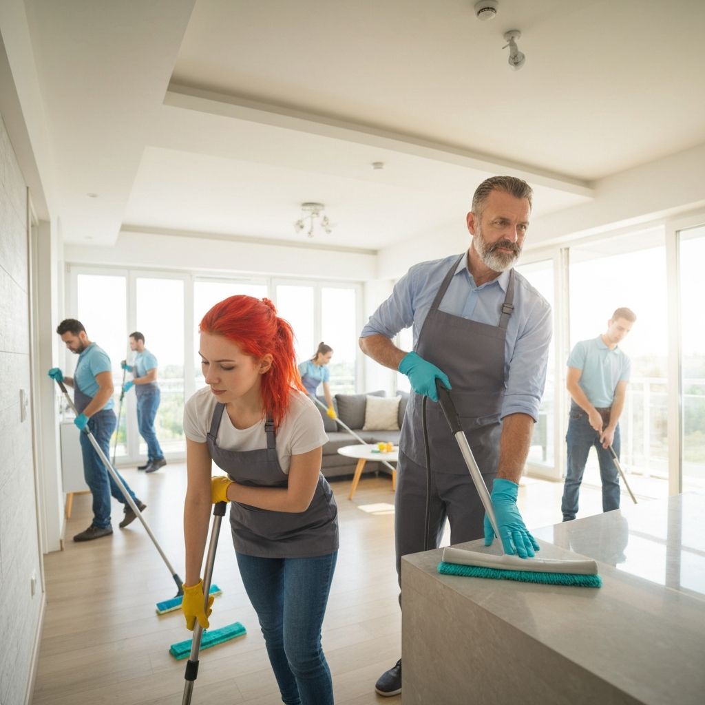 전문 청소팀이 깨끗한 아파트에서 작업하는 모습